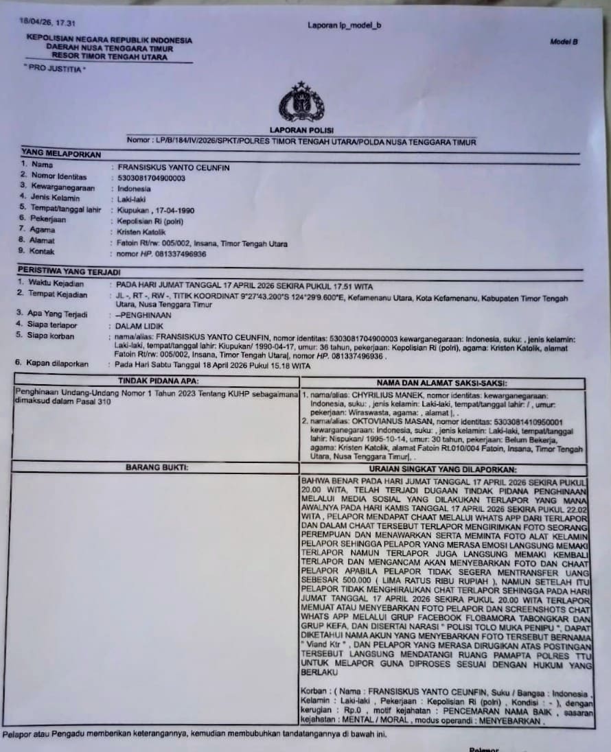 Oknum Anggota Polisi di TTU Laporkan Dugaan Penghinaan Lewat Media Sosial