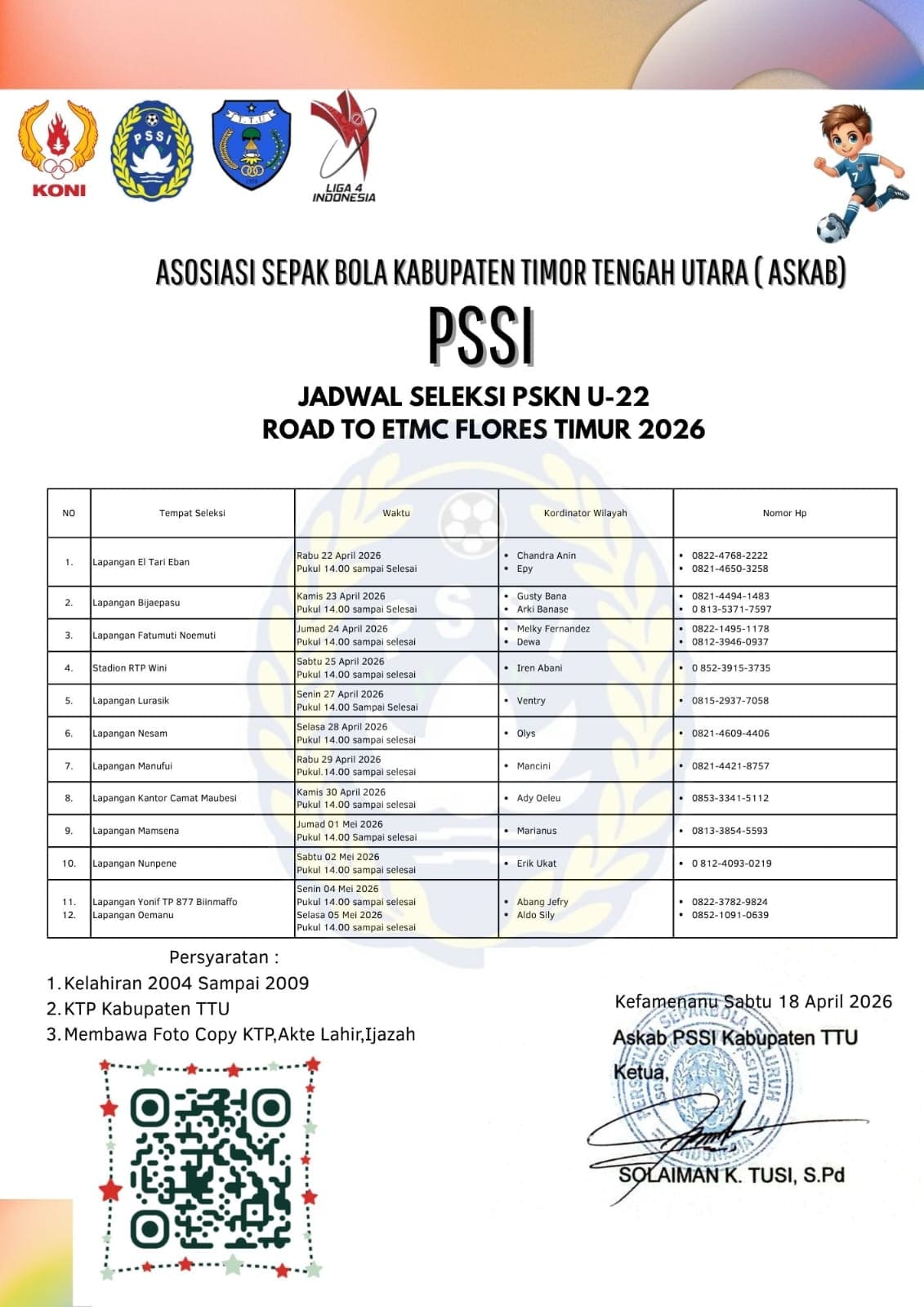 [ID] ASKAB PSSI TTU Buka Seleksi PSKN U-22, Siapkan Talenta Muda Menuju ETMC Flores Timur 2026