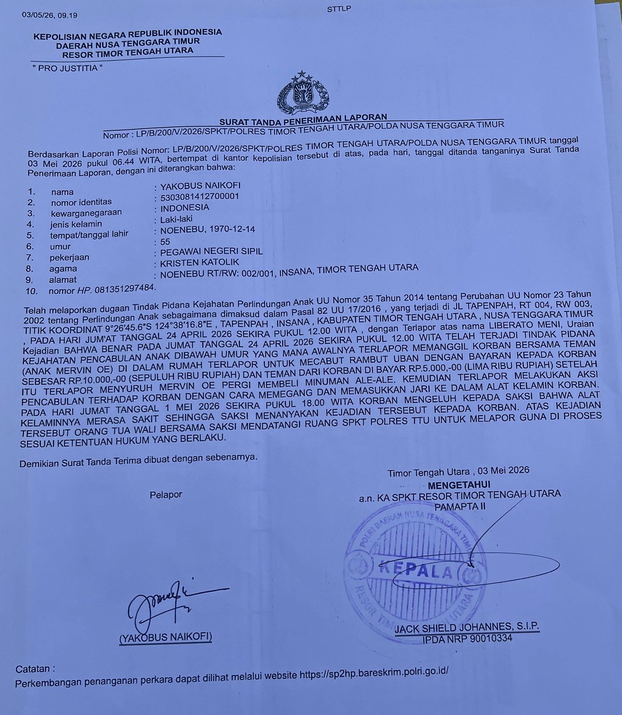 [ID] Dugaan Pencabulan Anak di TTU Dilaporkan ke Polisi, Terlapor Terancam UU Perlindungan Anak